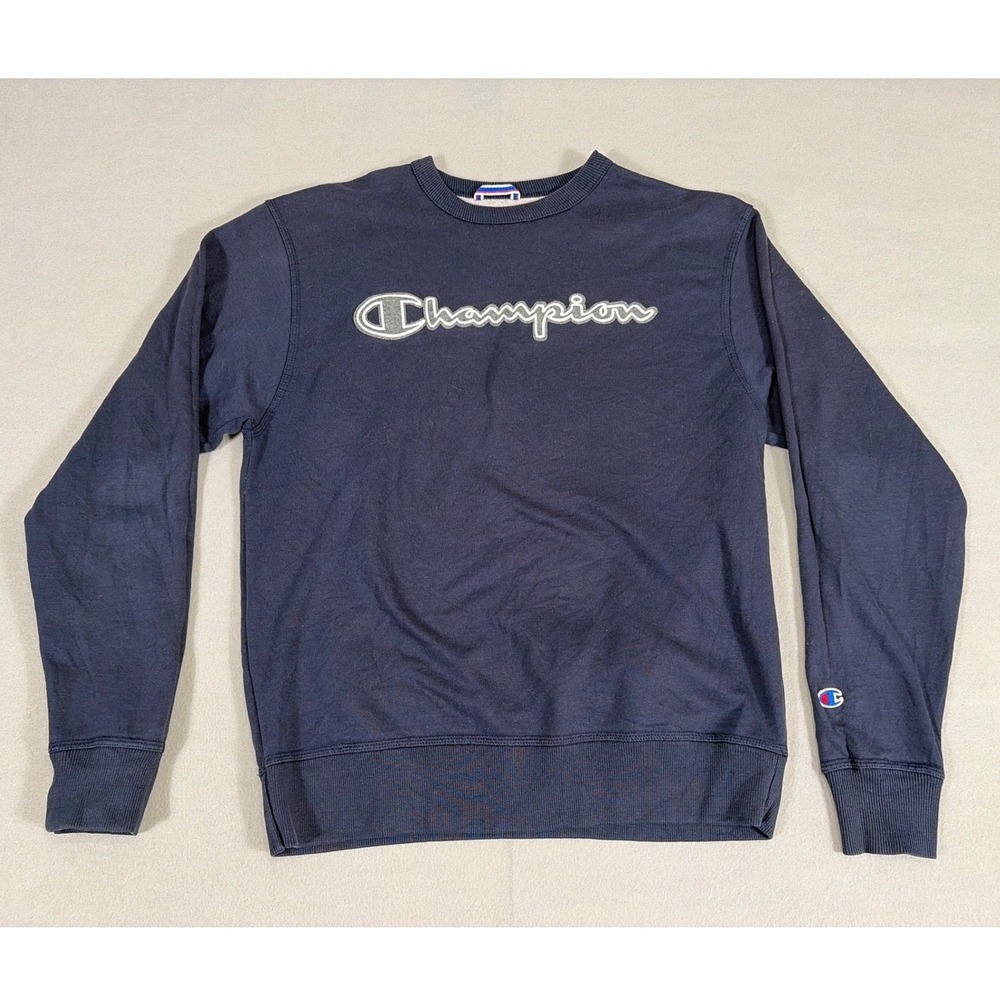 Champion Mens Navy Blue Crewneck Sweatshirt Script Logo Fleece Pullover GF81 M
